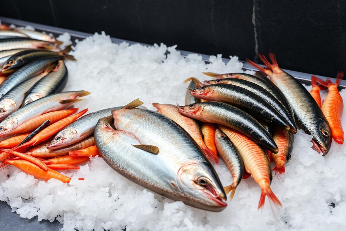Pescados frescos sobre hielo en una pescadería