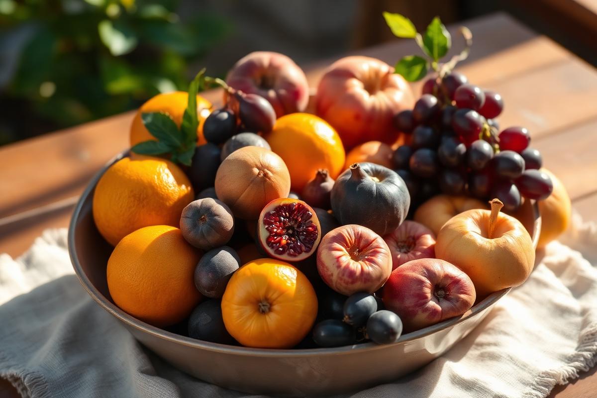 Frutero con naranjas, higos y uvas