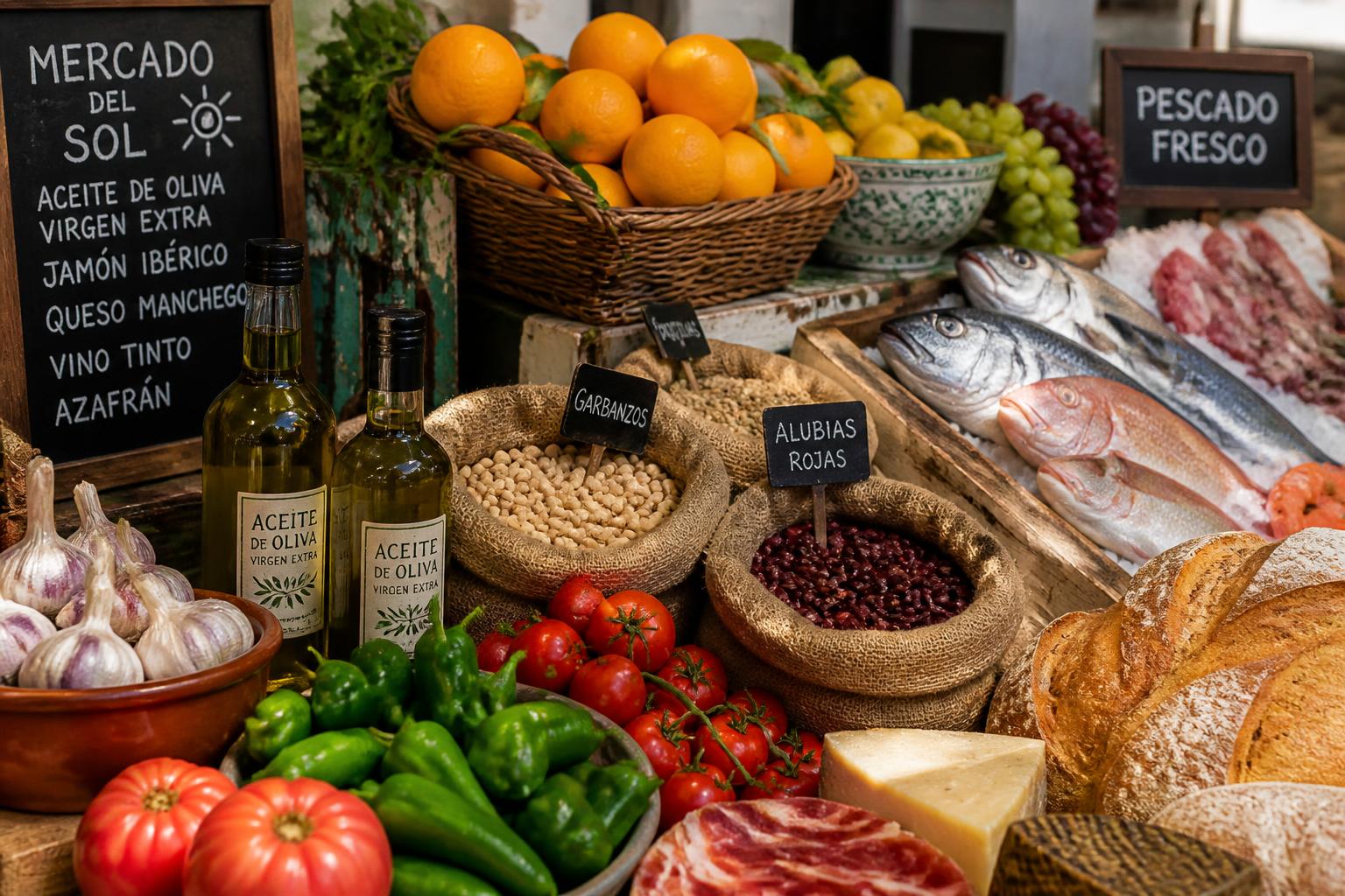 Mercado español con aceite, legumbres, pescado, pan y fruta