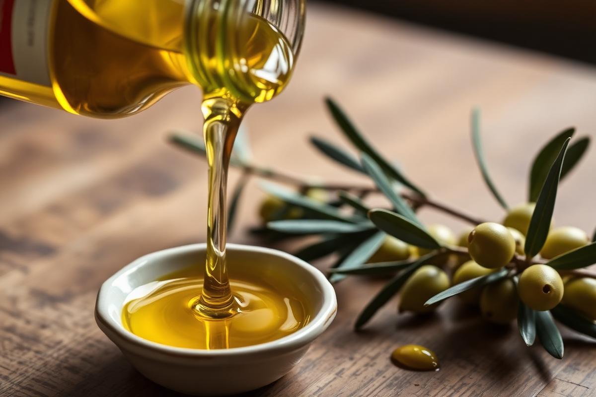 Aceite de oliva virgen extra cayendo en un cuenco