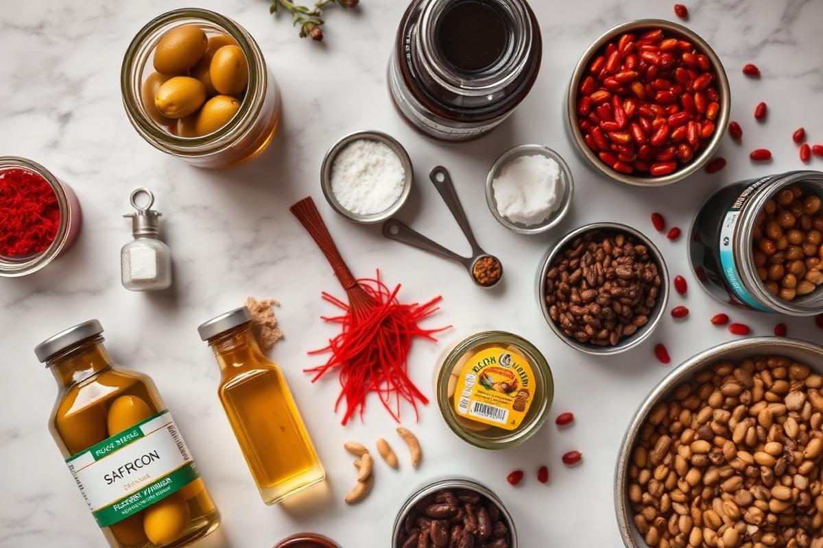 Despensa con conservas, especias y aceites mediterráneos