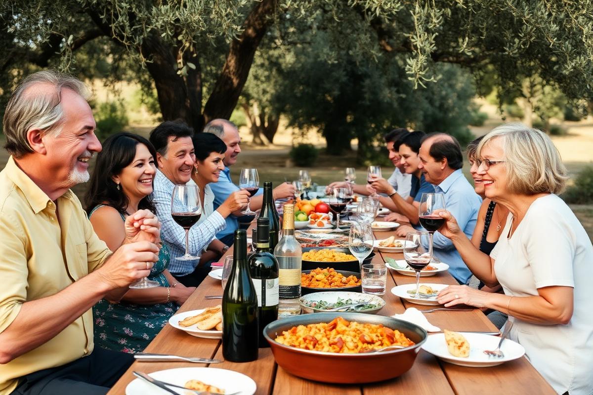 Familia y amigos en una comida bajo un olivo