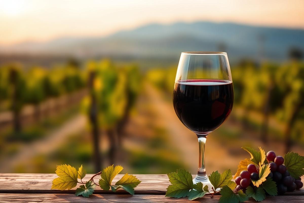 Copa de vino tinto frente a una viña al atardecer